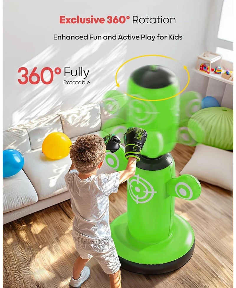 Qpau 360degree(s) Rotatable Punching Bag for Kids, Lager 64" Kids Punching Bag with Gloves, Hand Pump and 6 Targets, Bop Bag Inflatable Punching Toy