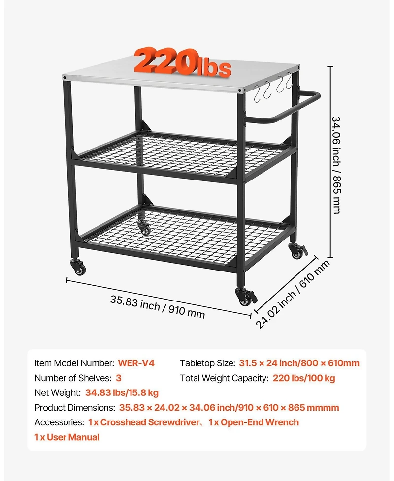 Ecooso Stainless Steel Outdoor Grill Cart with Mesh Shelves