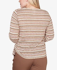 Alfred Dunner Petite Crewneck Spice Market Spliced Textured Stripe Ruched-Tie Top