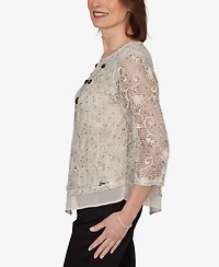 Alfred Dunner Petite Detail Driven Popcorn Mesh Pointed Hem Top with Necklace