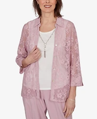 Alfred Dunner Petite Charm Floral Lace Two-In-One Collared Top with Necklace