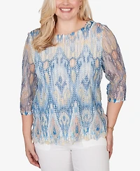 Alfred Dunner Petite Out of the Blue Dramatic Ikat Scallop Trim Crewneck Top