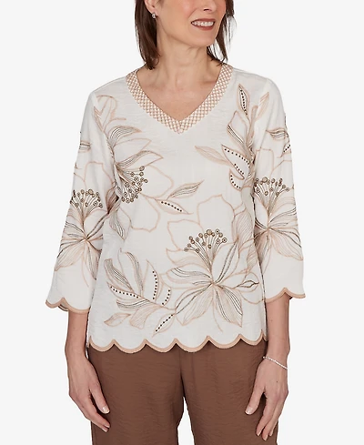 Alfred Dunner Petite Spice Market Embroidered Floral V-Neck Textured Top