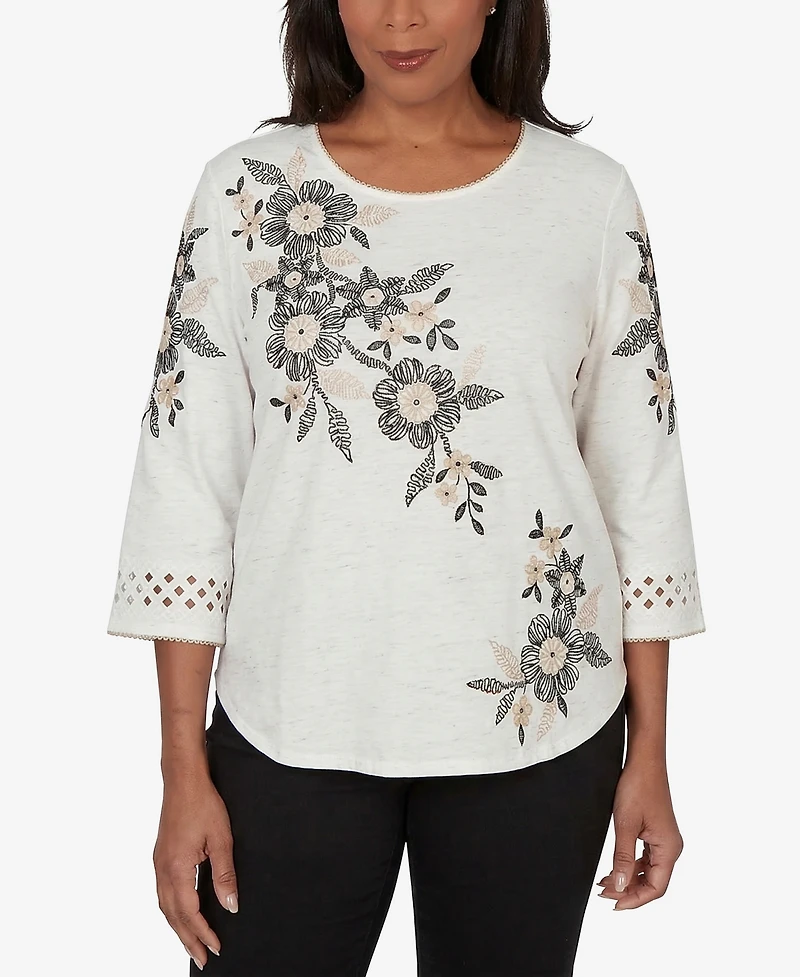 Alfred Dunner Petite Detail Driven Floral Embroidered Textured Crewneck Top