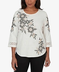 Alfred Dunner Petite Detail Driven Floral Embroidered Textured Crewneck Top