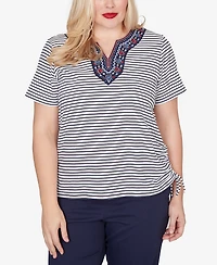 Alfred Dunner Petite Lady Liberty Embroidered Neck Striped Side-Tie Top