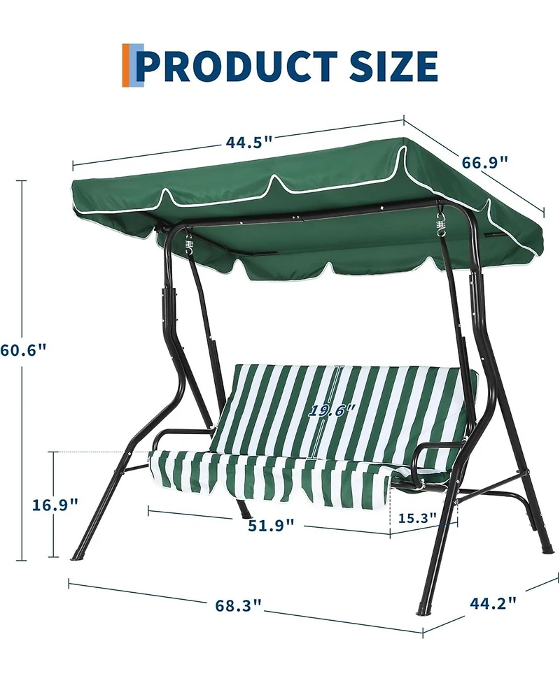 gaomon 3-Seat Outdoor Porch Swing Chair with Adjustable Canopy and Thickened Cushions, Glider Bench Non-Slip Feet Strong Spring