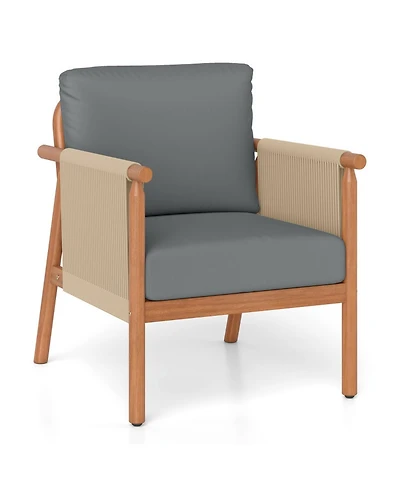 Gouun Acacia Wood Outdoor Chair with Woven Rope Armrests and Seat Cushions