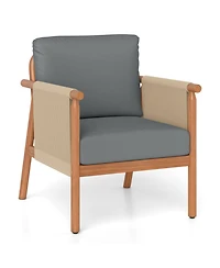 Gouun Acacia Wood Outdoor Chair with Woven Rope Armrests and Seat Cushions