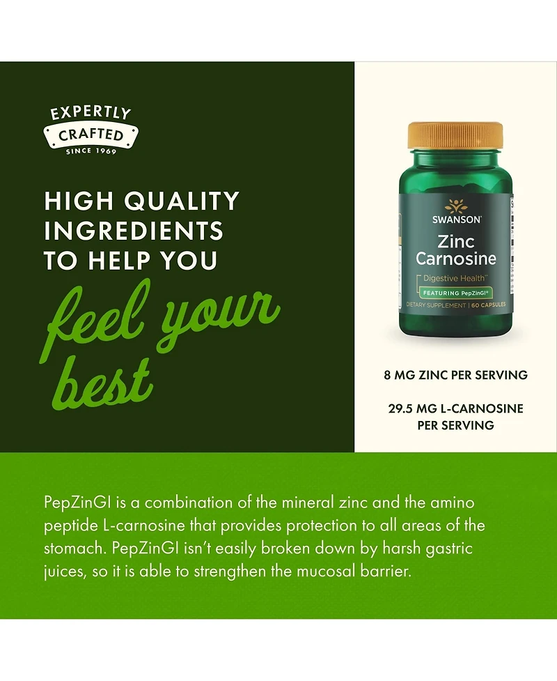 Swanson Zinc Carnosine (PepZin Gi), Gastric Health and Digestive Support, Microbial Balance in Stomach 60 Capsules