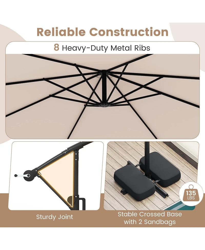 Slickblue Solar Offset Hanging Patio Umbrella 10ft with Base and Lights