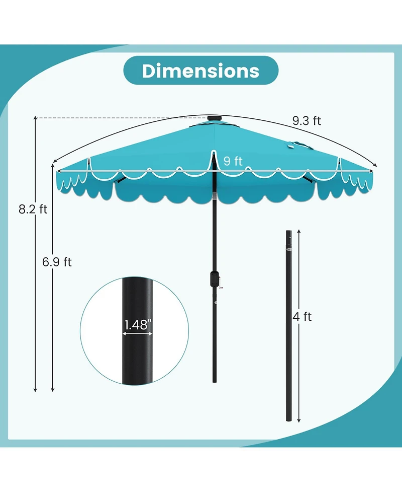 Sugift 9.3 Feet Solar Patio Umbrella with 24 Led Lights Vented Top and Ruffles