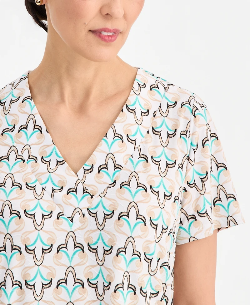 Jm Collection Women's Printed Short Sleeve V-Neck Jacquard Top, Macy's Exclusive