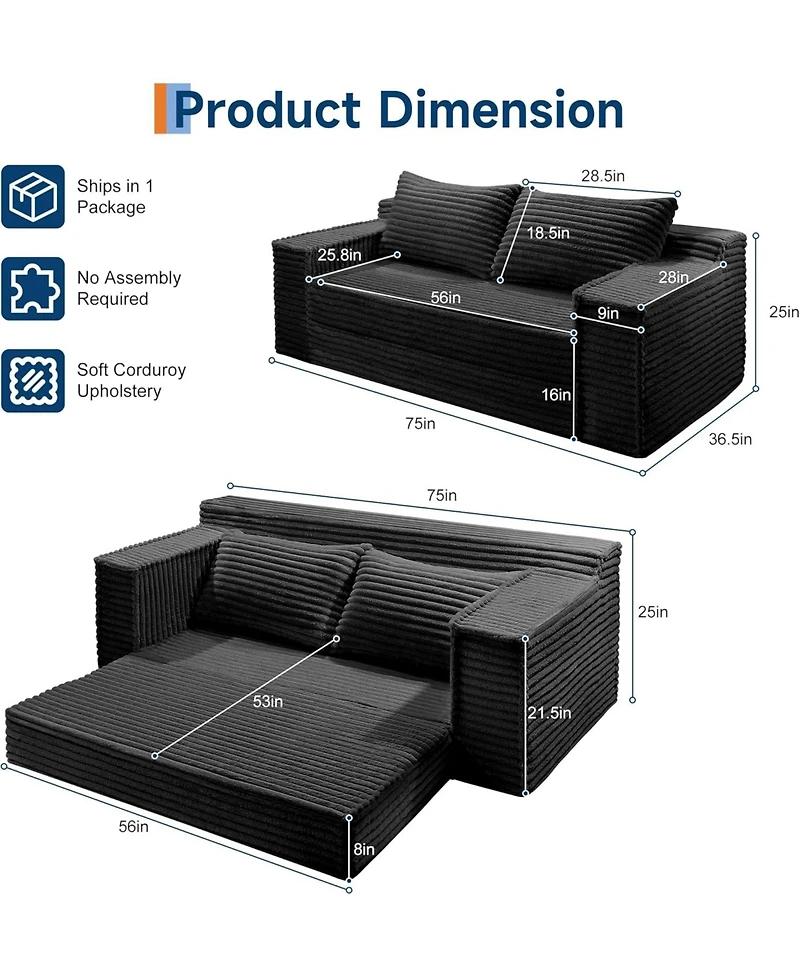 gaomon 75" Convertible Sofa Bed, Boneless Couch Bed with 2 Pillow, Folding Pull Out Couch, Loveseat Sleeper Sofa, Futon