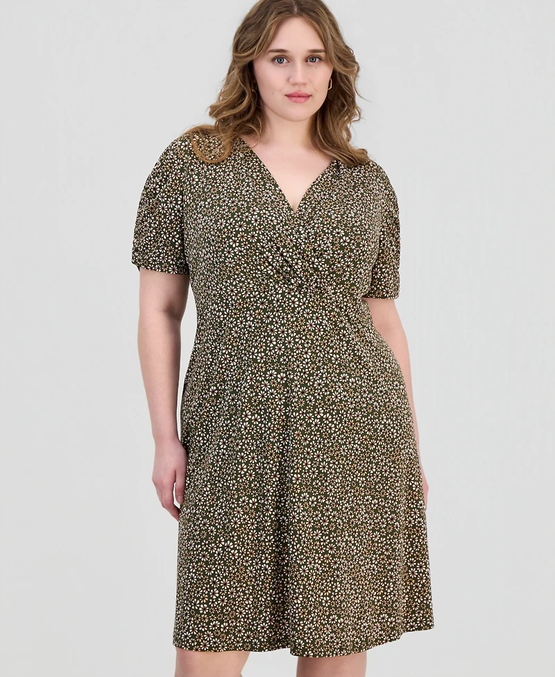 Connected Plus Printed Ruched-Sleeve Sheath Dress