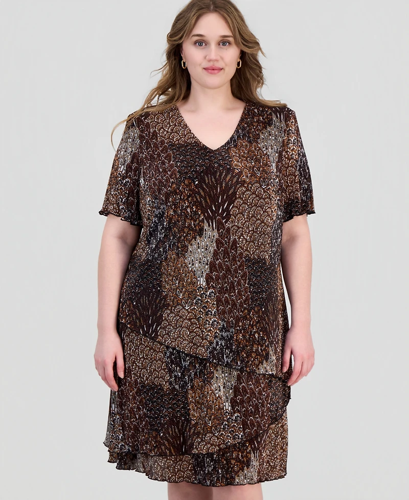 Connected Plus Printed Pleated Asymmetric Tiered Sheath Dress