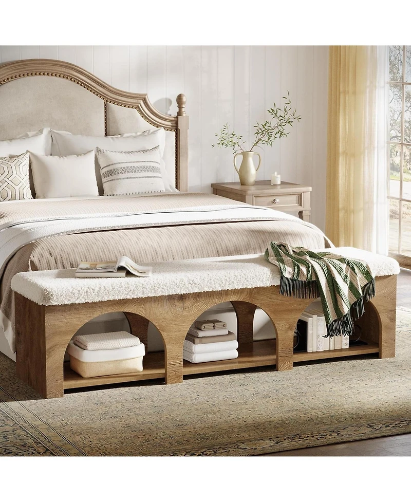 Tribesigns 63" Upholstered Entryway Bench, 2-Tier Entry Shoe Bench with Cushion and Storage Shelf, Farmhouse Padded Ottoman