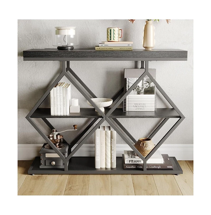 gaomon 3-Tier Industrial Entryway Table with Diamond-Shaped Metal Frame, Open Shelf Console Sofa Table for Living Room
