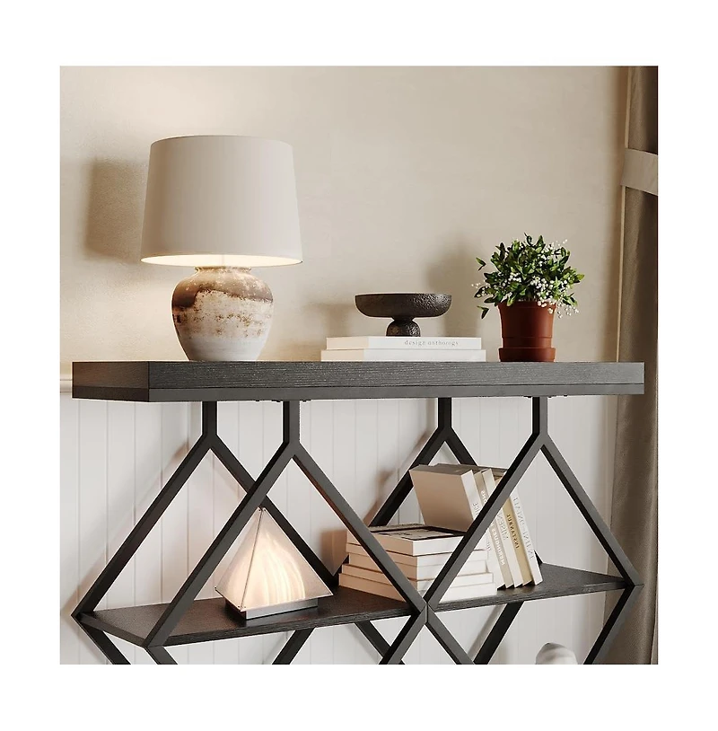 gaomon 3-Tier Industrial Entryway Table with Diamond-Shaped Metal Frame, Open Shelf Console Sofa Table for Living Room