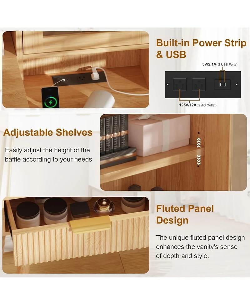 gaomon Modern Makeup Vanity Desk Set with Adjustable Mirror, Bench and Charging Station