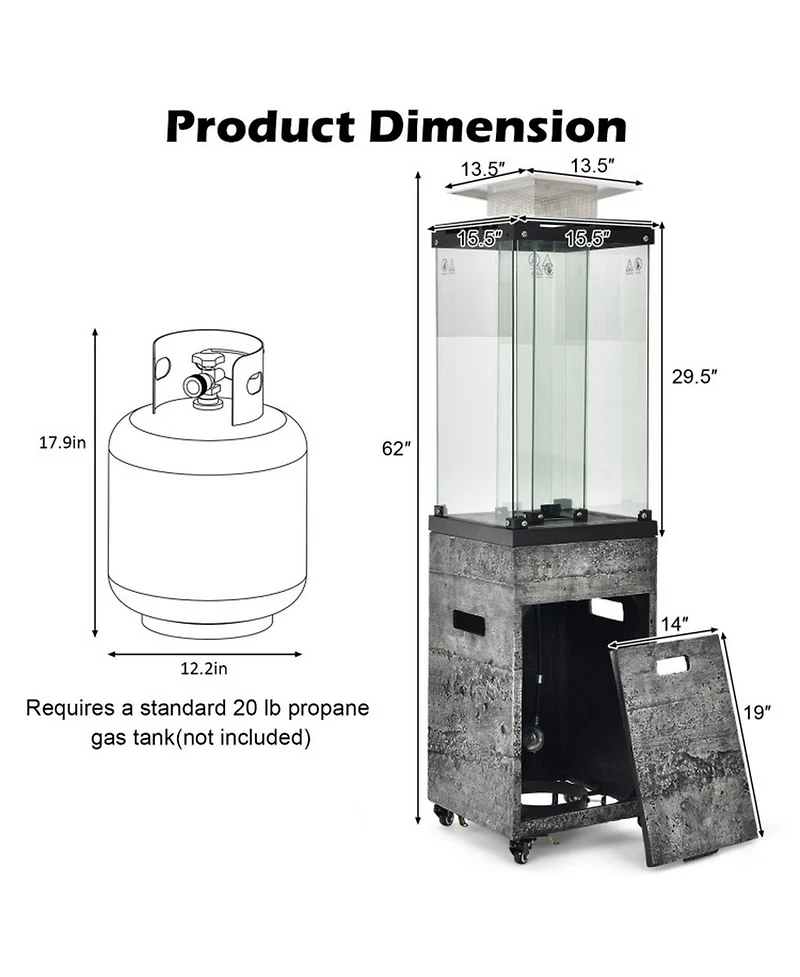 Gouun 41,000 Btu Propane Patio Heater with Tempered Glass Tube and Lockable Wheels
