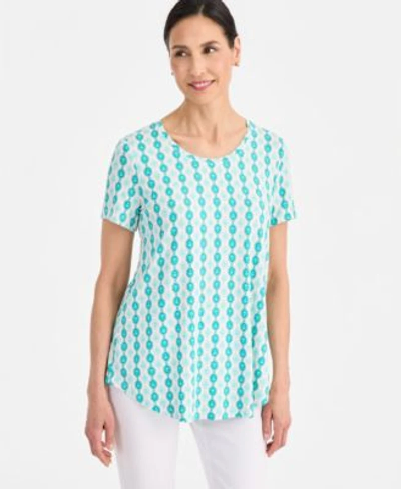Jm Collection Womens Printed Scoop Neck Short Sleeve Top Macys Exclusive