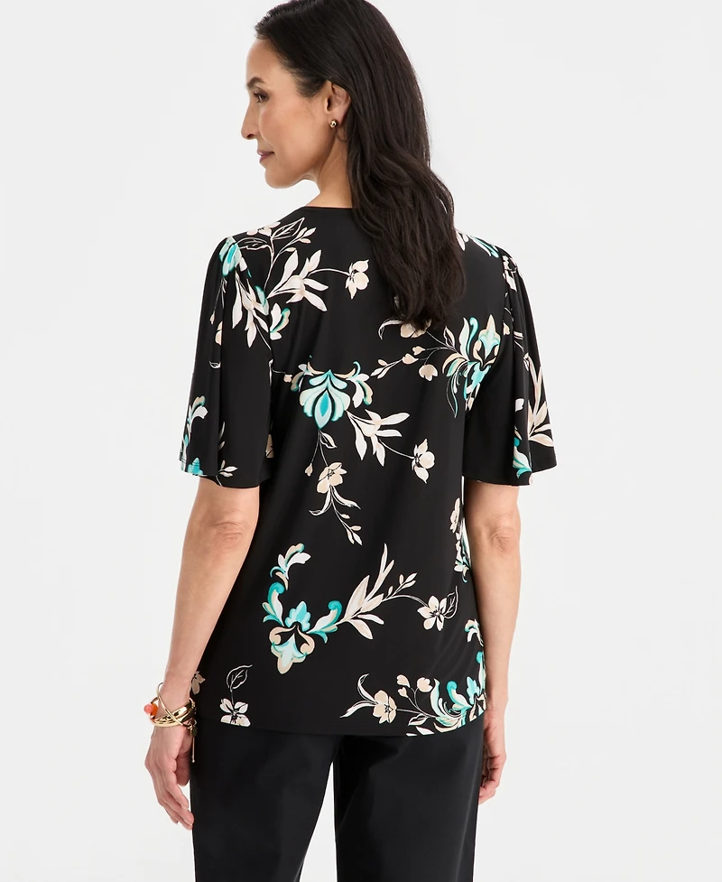 Jm Collection Women's Printed V-neck Flutter-Sleeve Top, Macy's Exclusive