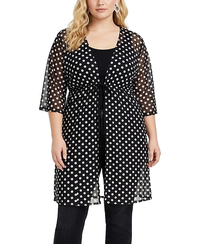 Coin 1804 Plus Polka Dot Mesh Tie-Front Coverup Top