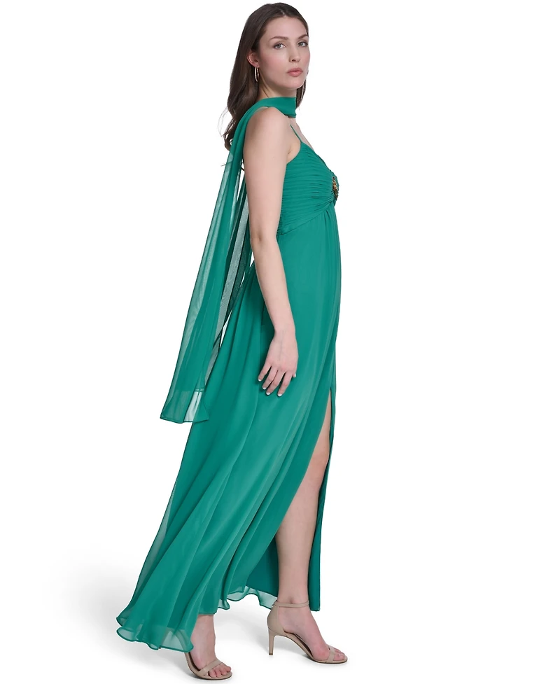 Eliza J Women's Spaghetti Strap With Skirt Slit And Neck Sash Gown
