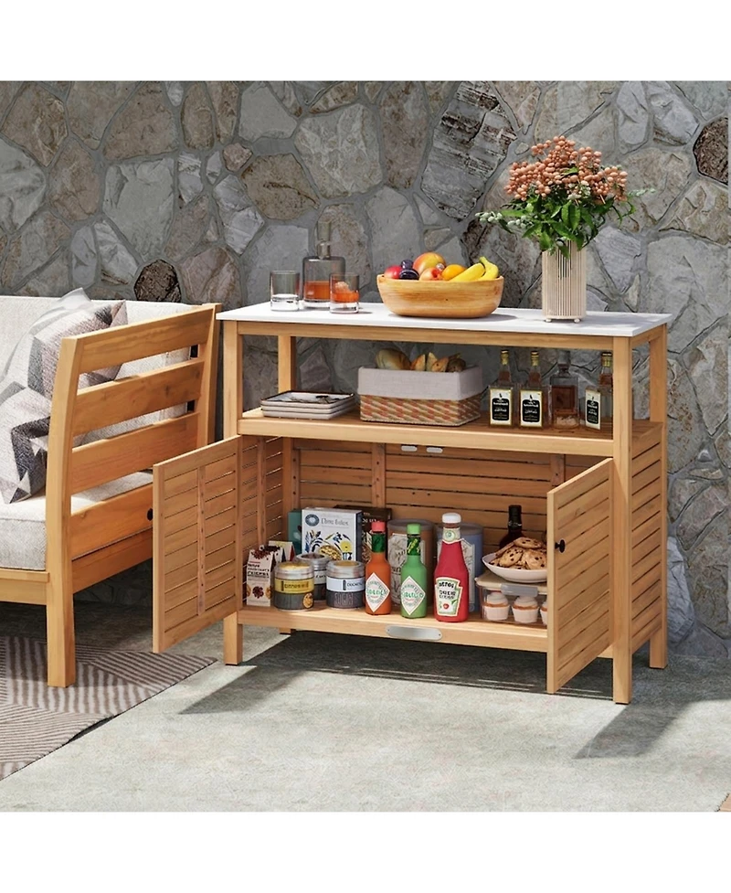 Gouun Acacia Wood Patio Buffet Cabinet with Open Shelf and Resin Countertop