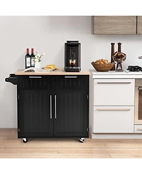 Gouun Rolling Kitchen Island Cart with Rubber Wood Top, Drawers, and Cabinet