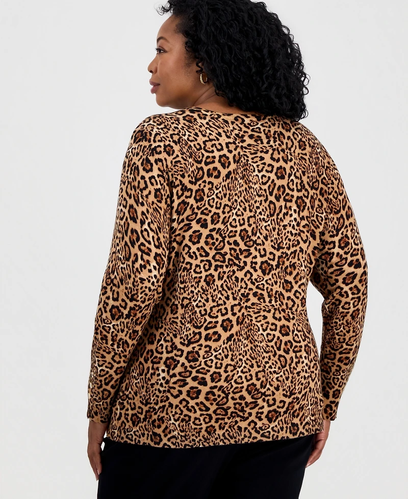 Jm Collection Plus Animal-Print Long-Sleeve Scoop-Neck Sweater, Macy's Exclusive