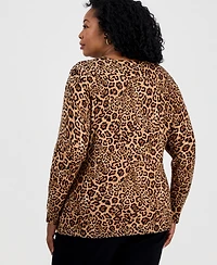 Jm Collection Plus Animal-Print Long-Sleeve Scoop-Neck Sweater, Macy's Exclusive