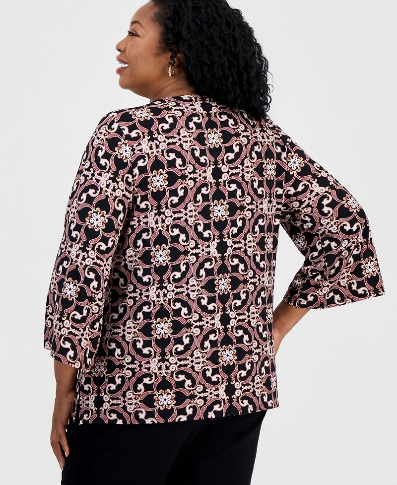 Jm Collection Plus Zip-Neck 3/4-Sleeve Top, Macy's Exclusive