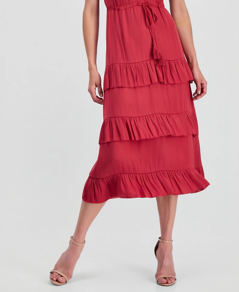 T Tahari Women's V-Neck Short-Sleeve Tiered-Ruffle Dress