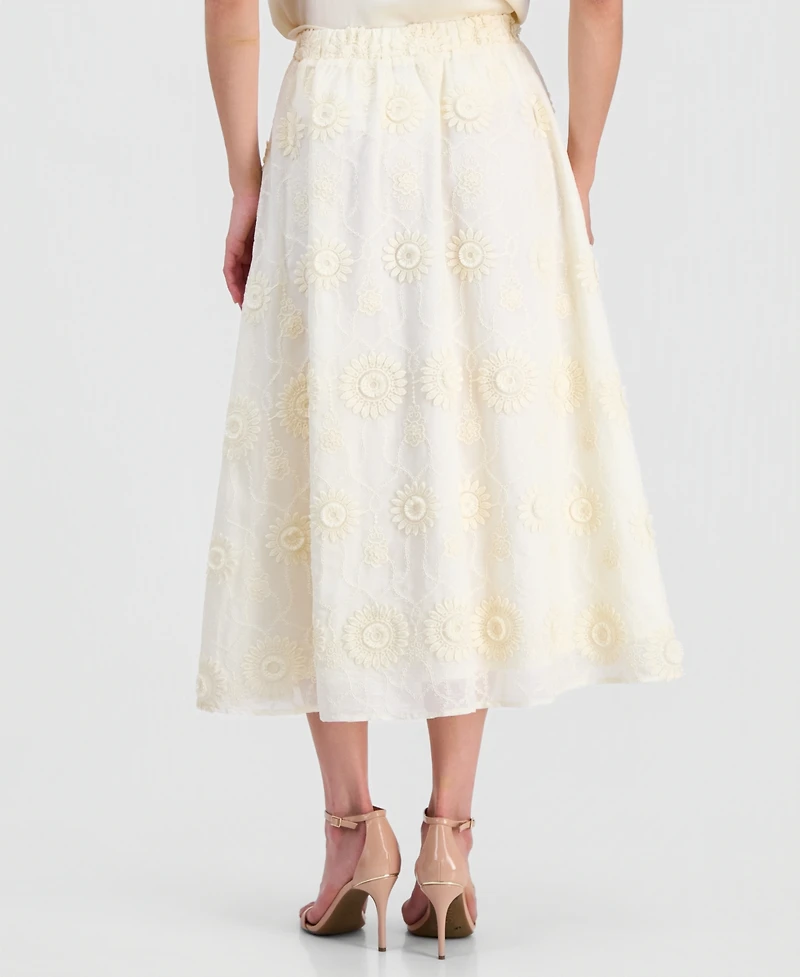 T Tahari Women's Pull-On Floral-Embroidered Midi Skirt