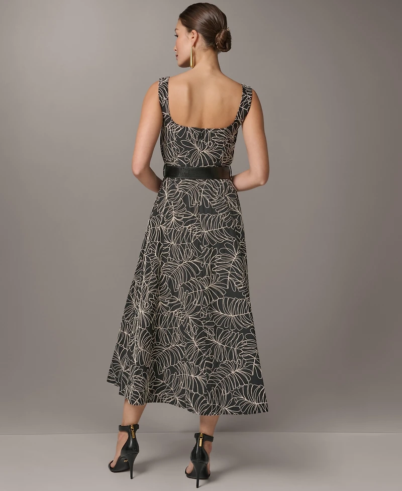 Donna Karan New York Women's Square Neck A-Line Midi Dress with Polyurethane Belt