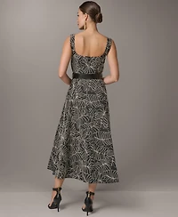 Donna Karan New York Women's Square Neck A-Line Midi Dress with Polyurethane Belt