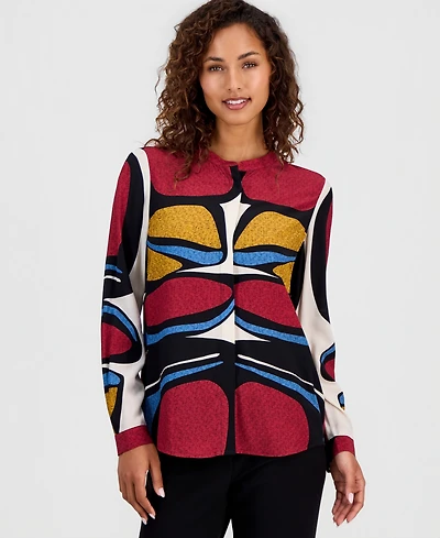 T Tahari Women's Printed Split-Neck Button Tunic Blouse