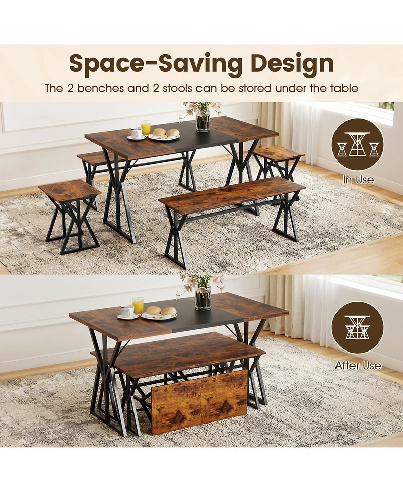 Sugift 5-Piece Industrial Dining Room Set Rectangular Kitchen Table with 2 Benches and 2 Stools