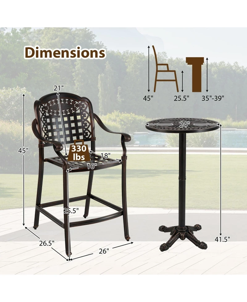 Sugift 3 Piece Outdoor Cast Aluminum Bar Set with Round High Top Table and 2 Counter Height Stools