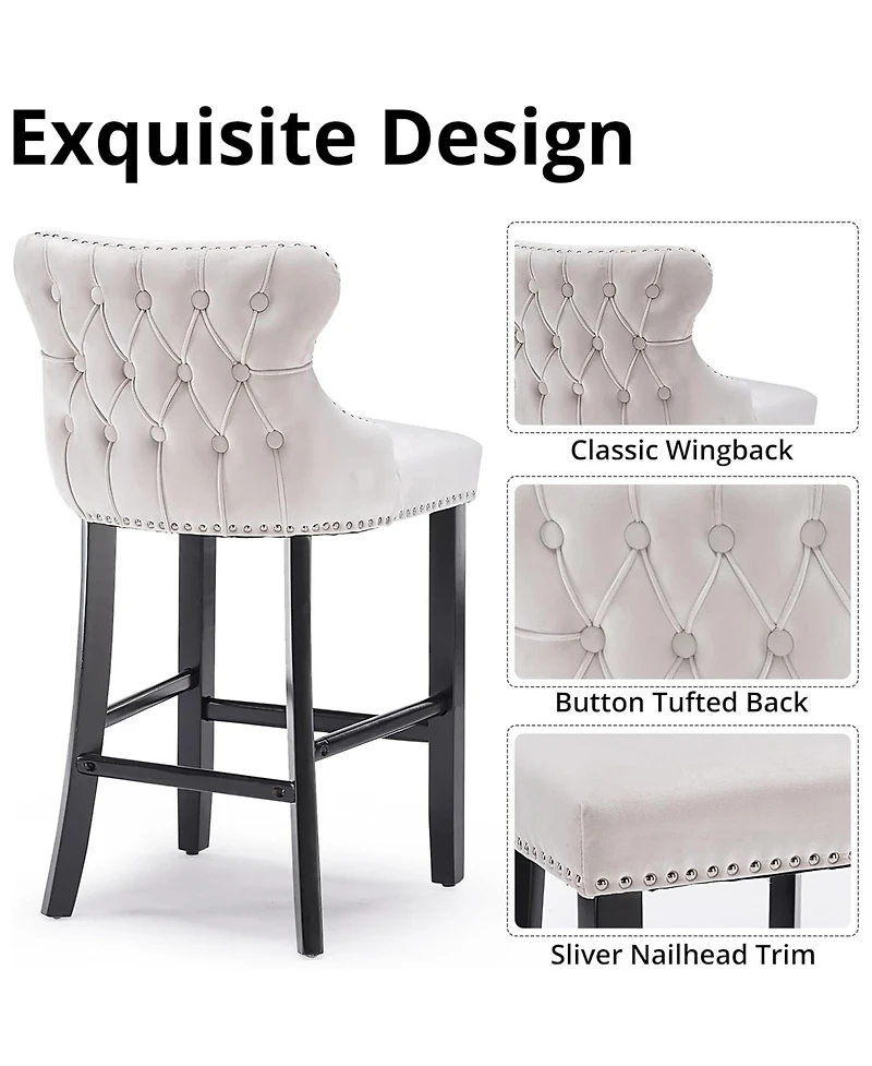 Rainsken Velvet Wingback Bar Stools Set of 2, Counter Height Chairs with Solid Wood Legs, Button Tufted and Nailhead Trim for Kitchen Island