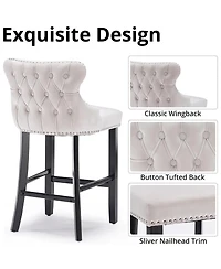Rainsken Velvet Wingback Bar Stools Set of 2, Counter Height Chairs with Solid Wood Legs, Button Tufted and Nailhead Trim for Kitchen Island