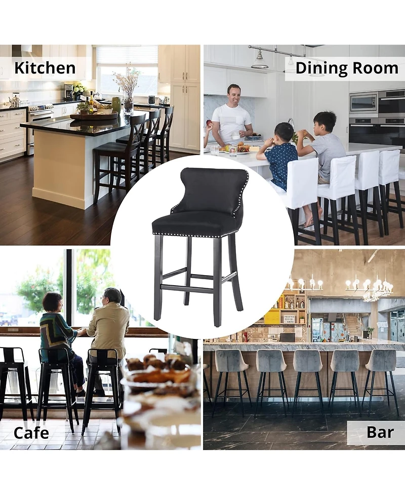 Rainsken Velvet Wingback Bar Stools Set of 2, Counter Height Chairs with Solid Wood Legs, Button Tufted and Nailhead Trim for Kitchen Island