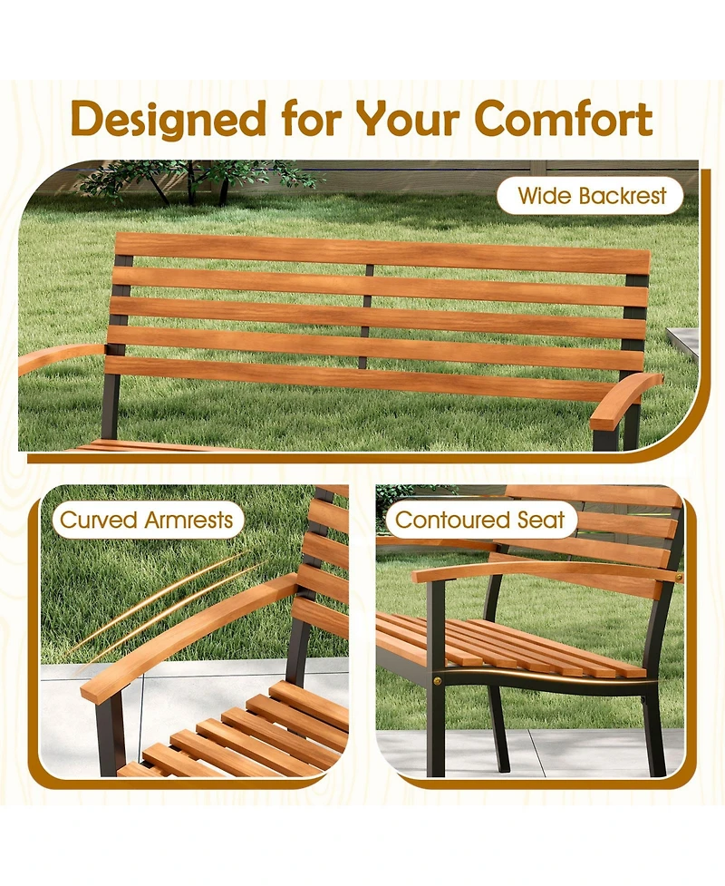 Sugift Acacia Wood Patio Bench Loveseat with Backrest and Armrests