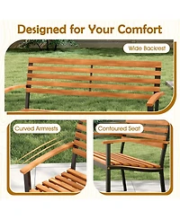 Sugift Acacia Wood Patio Bench Loveseat with Backrest and Armrests