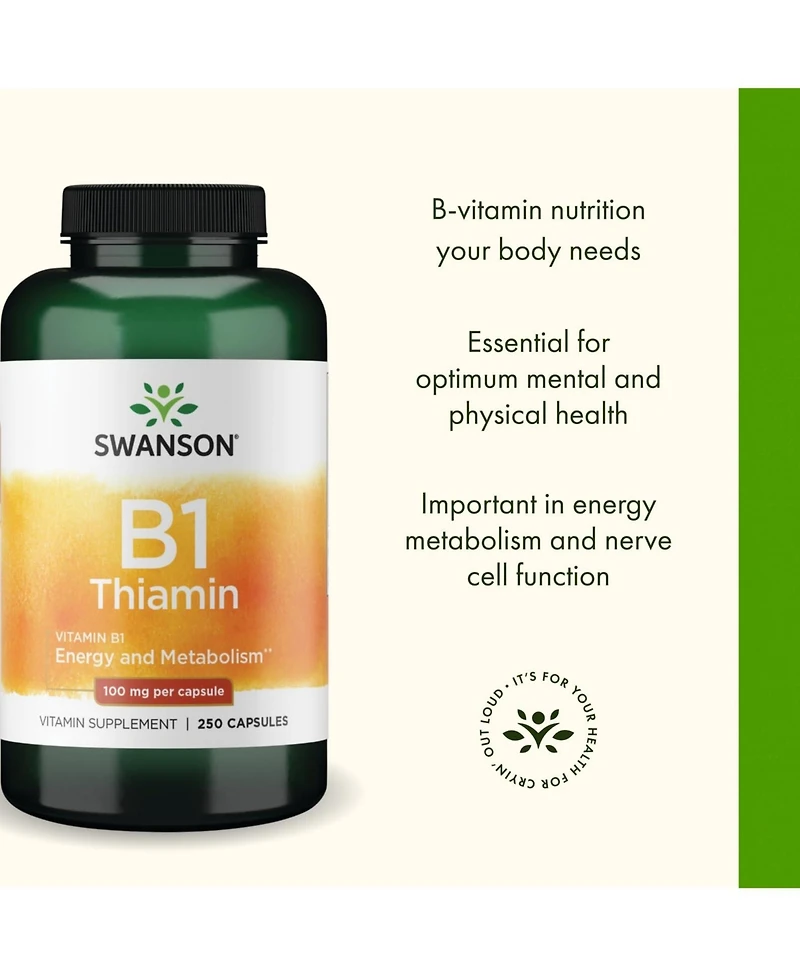 Swanson Vitamin B1 Thiamin Supplement for Healthy Metabolism and Energy Support - Supports Nerve Cell Function