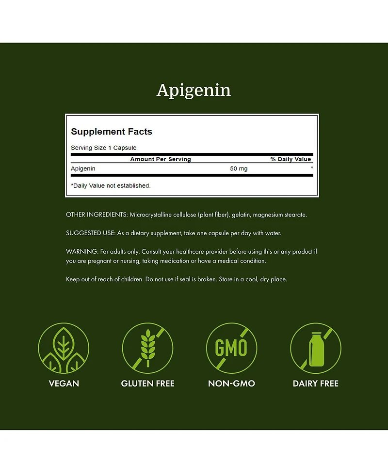 Swanson Apigenin Supplement, 50mg Capsules (90 Count), Helps Promote Sleep, Stress Relief and Overall Men's Health
