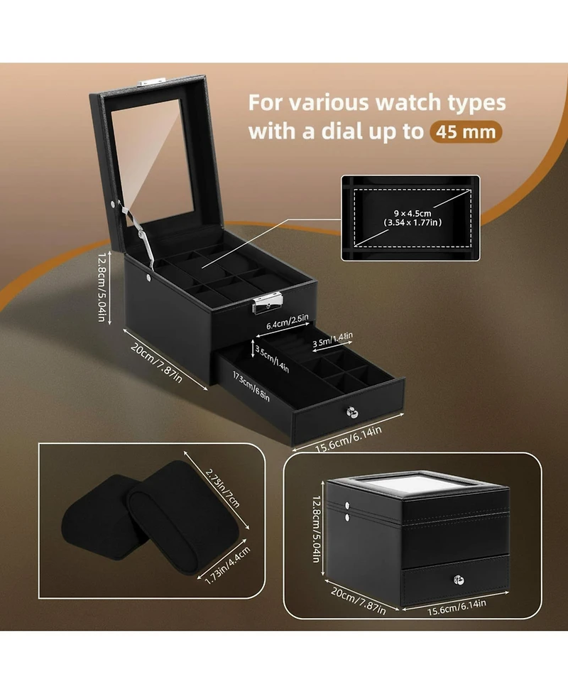 Yigii Watch Storage Box Pu Leather Glass Lid 2 Layers Soft Pillow Organizer for Watches Jewelry
