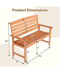 Sugift 2-Person Wooden Outdoor Bench with Slatted Backrest and Armrests